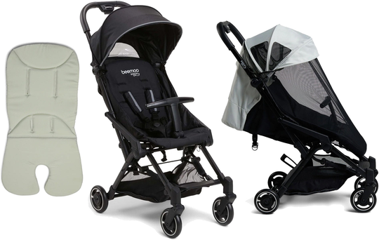 Beemoo Easy Fly 3 Matkarattaat + Memory Foam Istuinpehmuste + Breezy Kuomu, Black/Pale Green