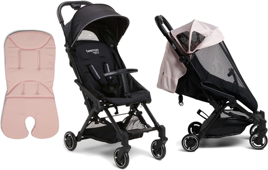 Beemoo Easy Fly 3 Matkarattaat + Memory Foam Istuinpehmuste + Breezy Kuomu, Black/Pastel Pink