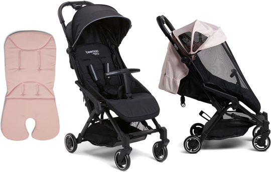 Beemoo Easy Fly Lux 3 Matkarattaat + Memory Foam Istuinpehmuste & Breezy Kuomu, Black/Pastel Pink