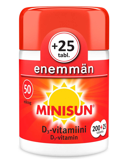 Minisun D-Vitamiini 50 mikrog 225 purutabl 200+25 purutabl