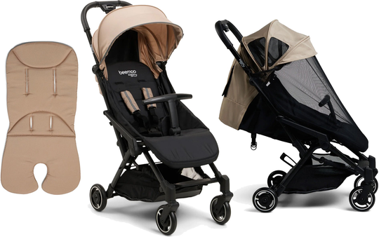 Beemoo Easy Fly Lux 3 Matkarattaat + Memory Foam Istuinpehmuste & Breezy Kuomu, Mocha Beige